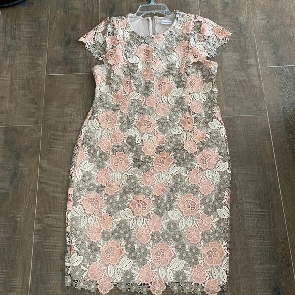 Calvin Klein Floral Embroidered Cap Sleeves Lace Sheath Dress Size 14 - Picture 4 of 11